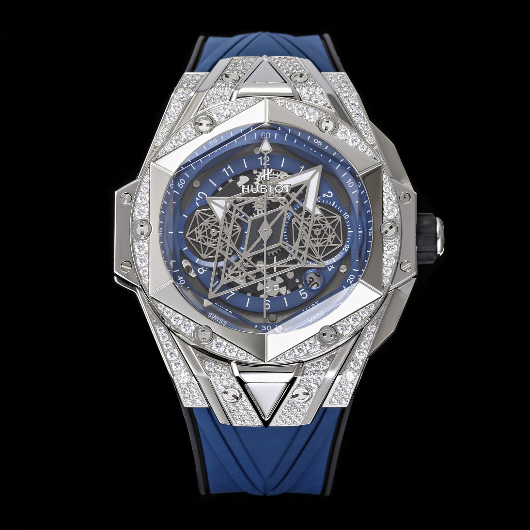 Top-notch watch 00499 Hublot Big Bang Sang Bleu II Titanium Blue Pave 45mm Watch – Ref: 418.NX.5107.RX.1604.MXM20 – Blue Dial & Diamond Bezel in Titanium Diamond Case, Blue Rubber Strap