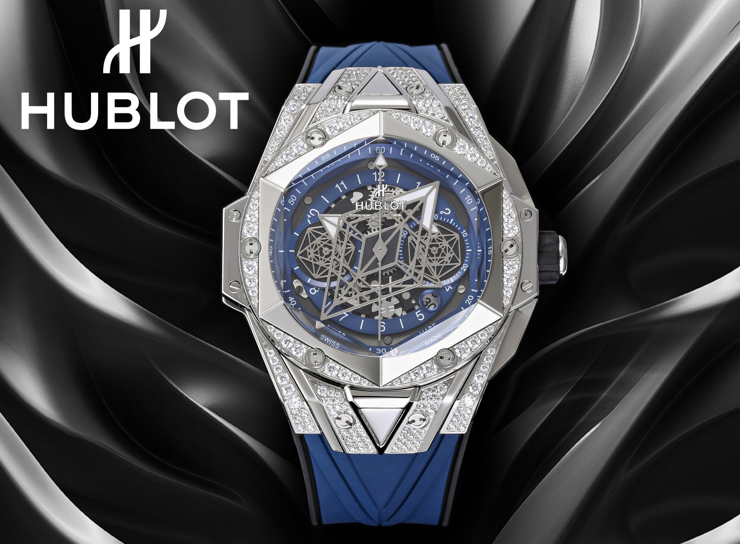 Hublot Big Bang Sang Bleu II Titanium Blue Pave 45mm Watch – Ref: 418.NX.5107.RX.1604.MXM20 – Blue Dial & Diamond Bezel in Titanium Diamond Case, Blue Rubber Strap