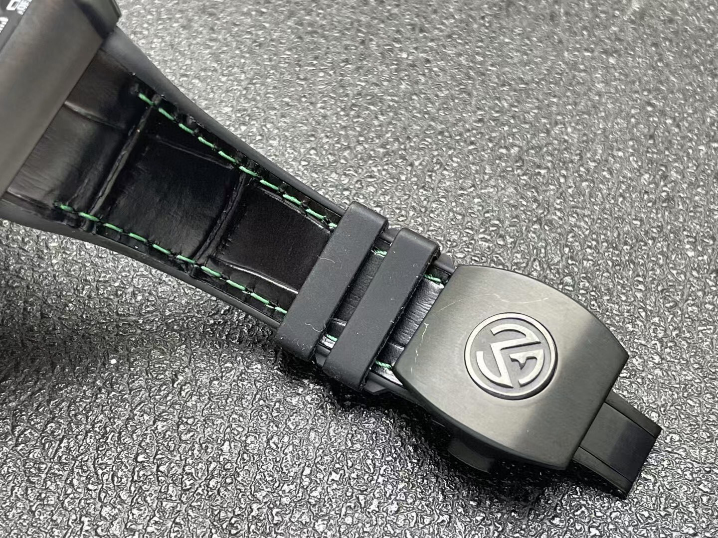 Franck Muller Vanguard Automatic 45mm in PVD Titanium on Black Leather Strap with Black Dial Green Accents 45SCBLKBLKGRN