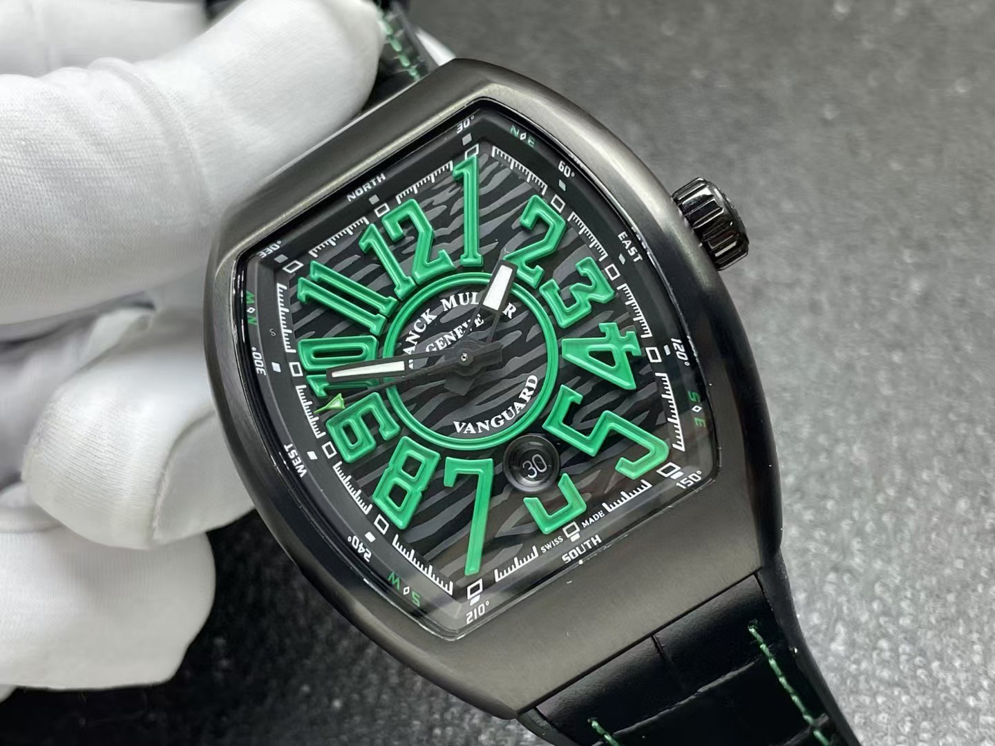 Franck Muller Vanguard Automatic 45mm in PVD Titanium on Black Leather Strap with Black Dial Green Accents 45SCBLKBLKGRN