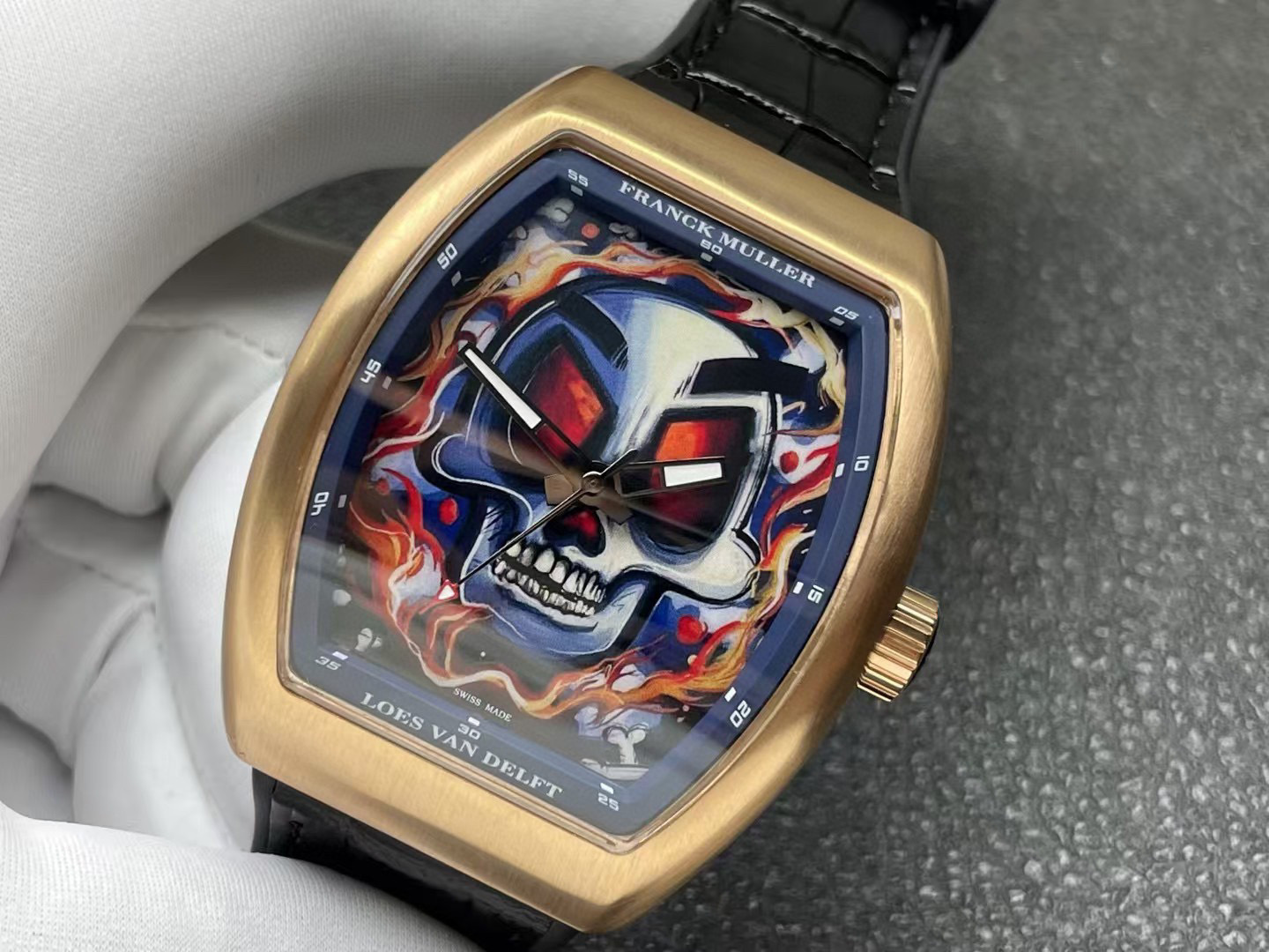 Franck Muller Vanguard Loes Van Delft V43 SC LVD Skull Limited Edition Watch plain gold border black strap