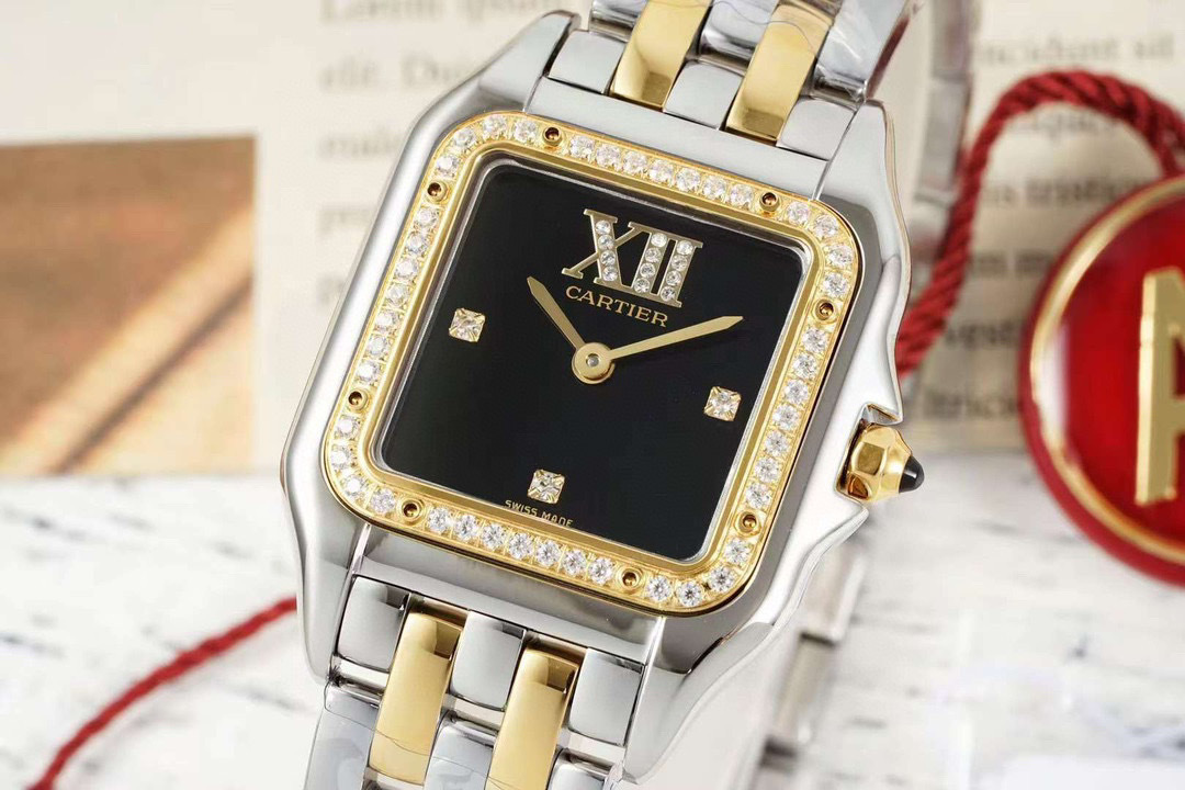 Cartier Panthere Small Model Quartz Diamond Black Dial silver white wire