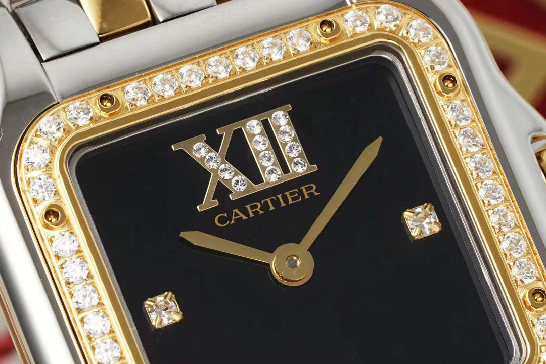 Cartier Panthere Small Model Quartz Diamond Black Dial silver white wire