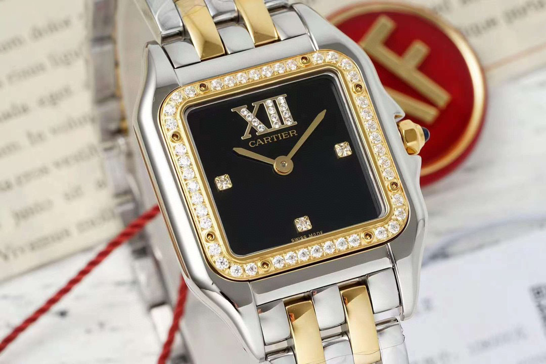 Cartier Panthere Small Model Quartz Diamond Black Dial silver white wire