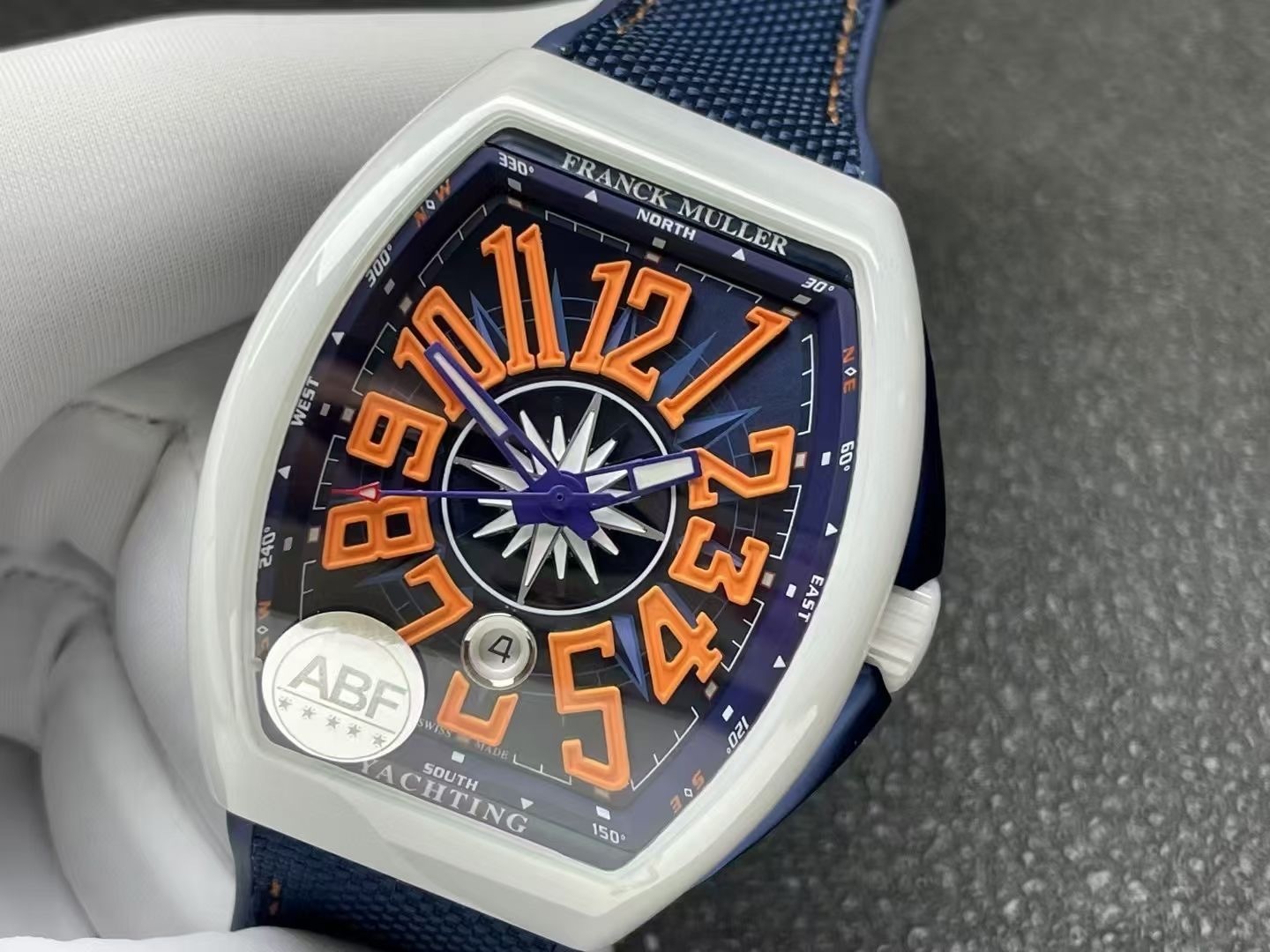 Franck Muller Vanguard V45 White Ceramic Blue Dial Orange