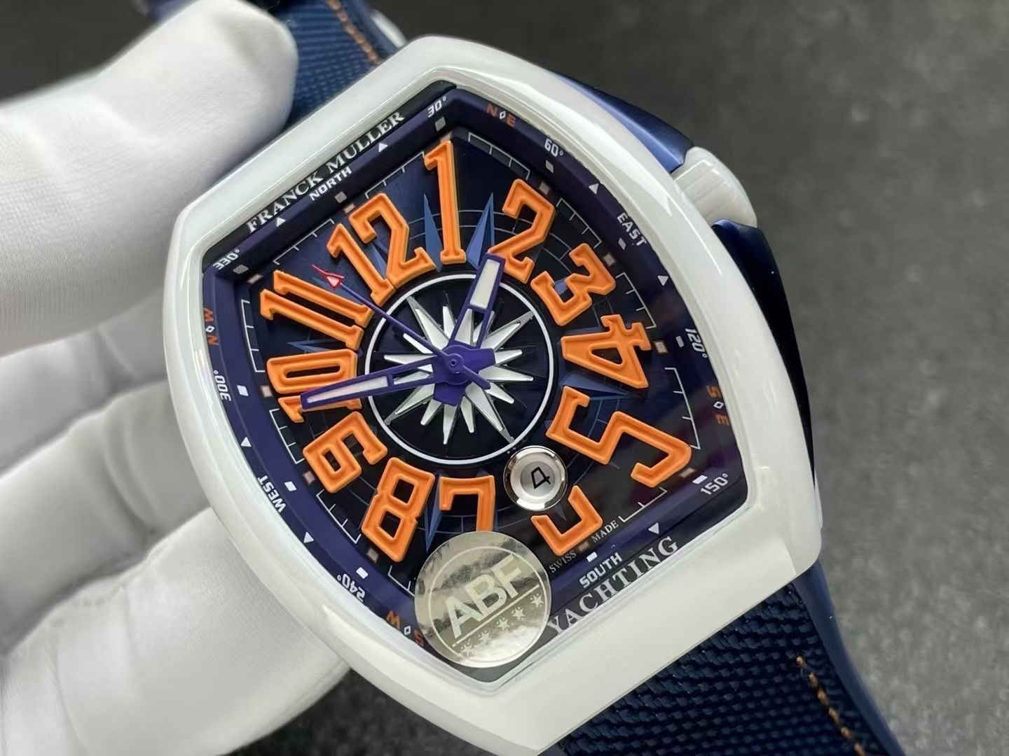 Franck Muller Vanguard V45 White Ceramic Blue Dial Orange