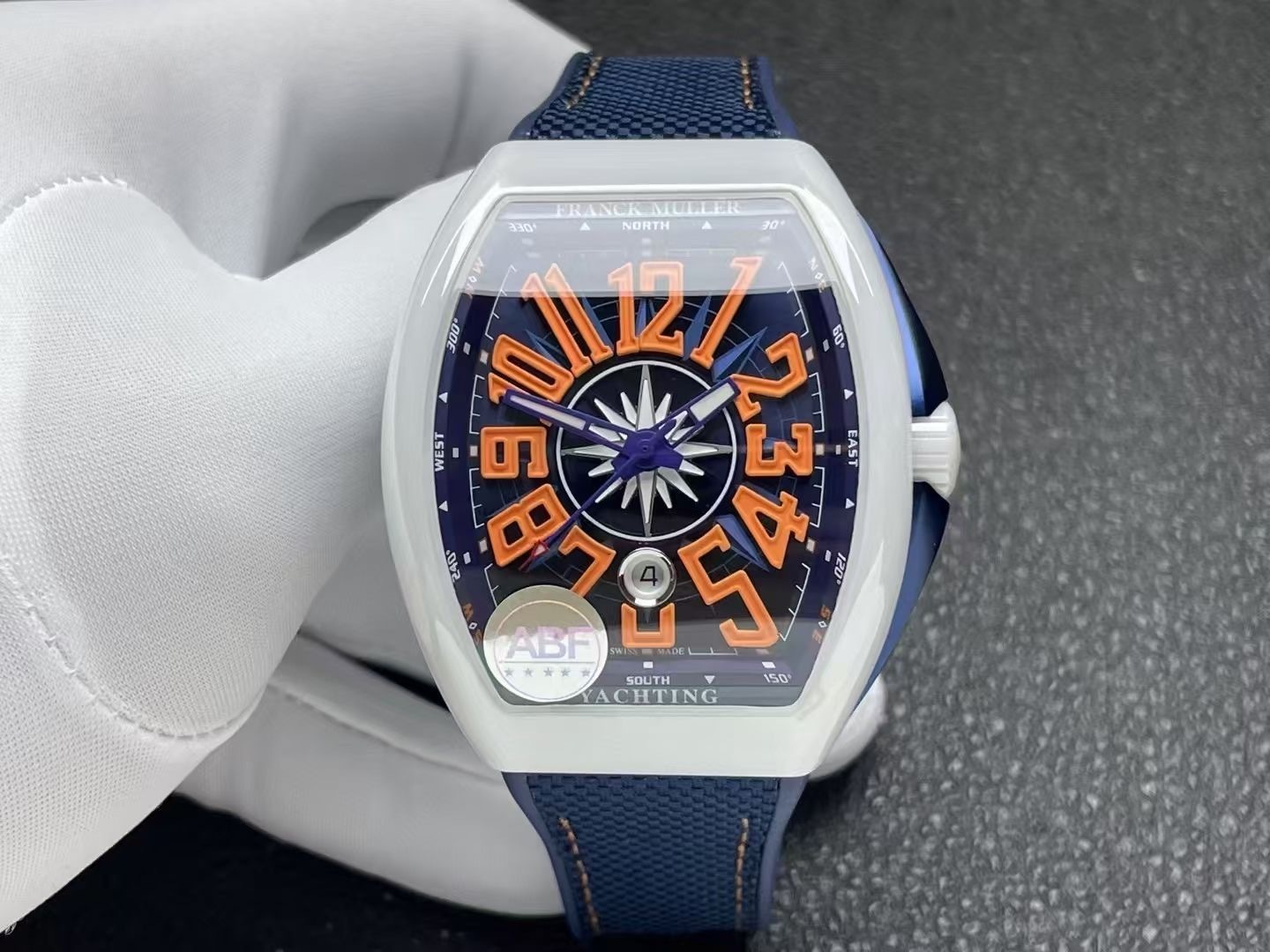 Franck Muller Vanguard V45 White Ceramic Blue Dial Orange