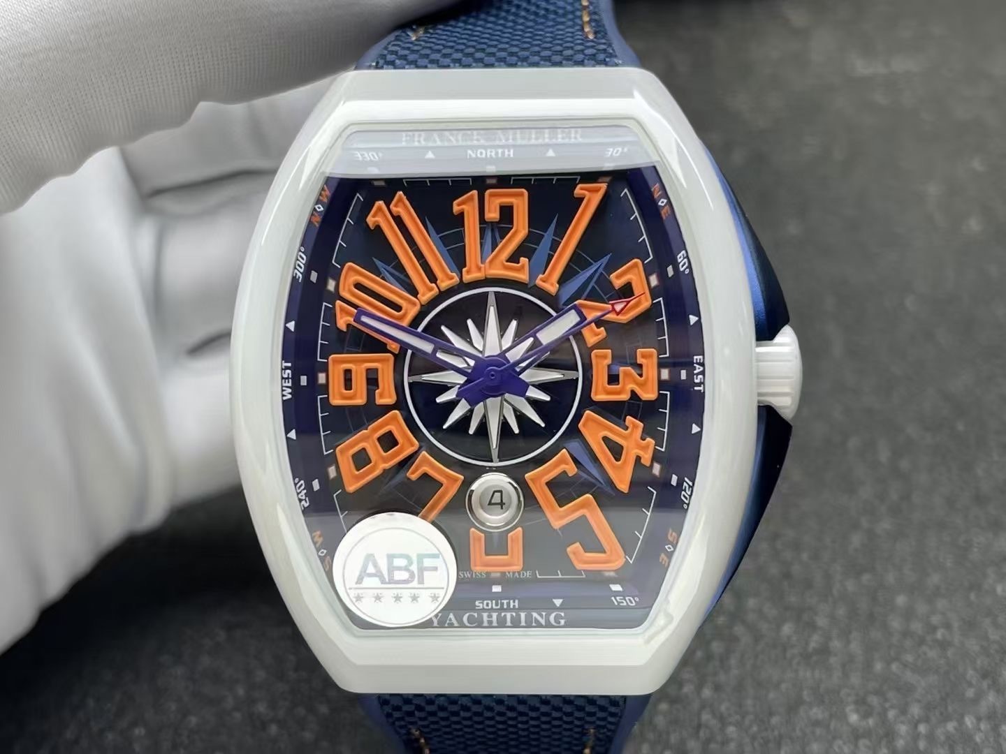 Franck Muller Vanguard V45 White Ceramic Blue Dial Orange