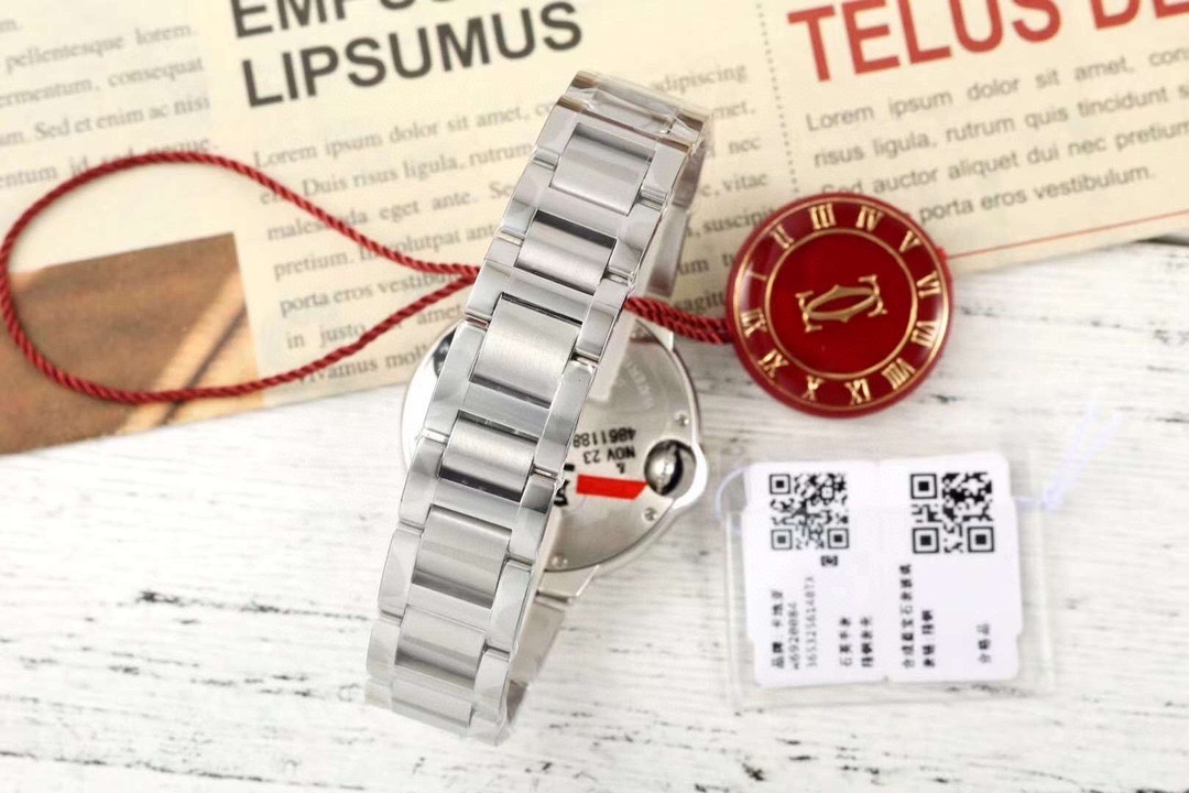 CARTIER BALLON BLEU 33MM PINK DIAL STEEL AUTO DIAMOND ENCRUSTED WATCH WSBB0046