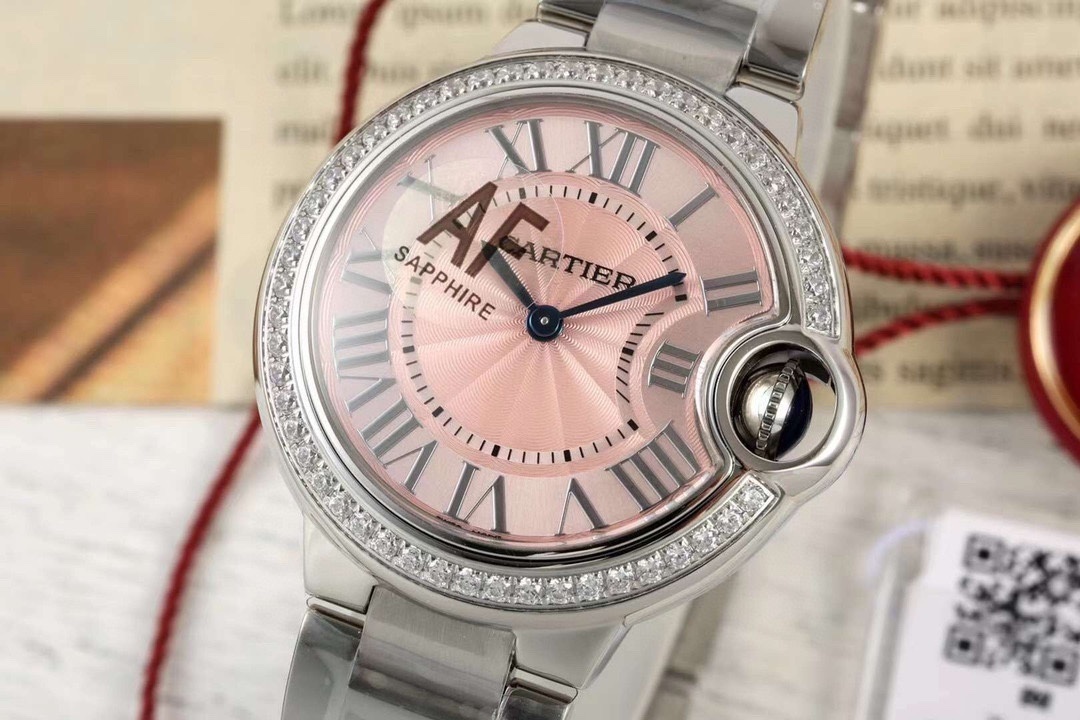 CARTIER BALLON BLEU 33MM PINK DIAL STEEL AUTO DIAMOND ENCRUSTED WATCH WSBB0046