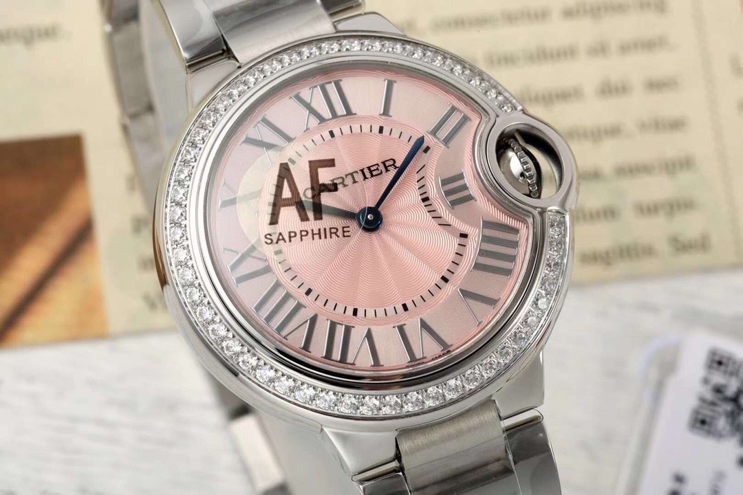 CARTIER BALLON BLEU 33MM PINK DIAL STEEL AUTO DIAMOND ENCRUSTED WATCH WSBB0046