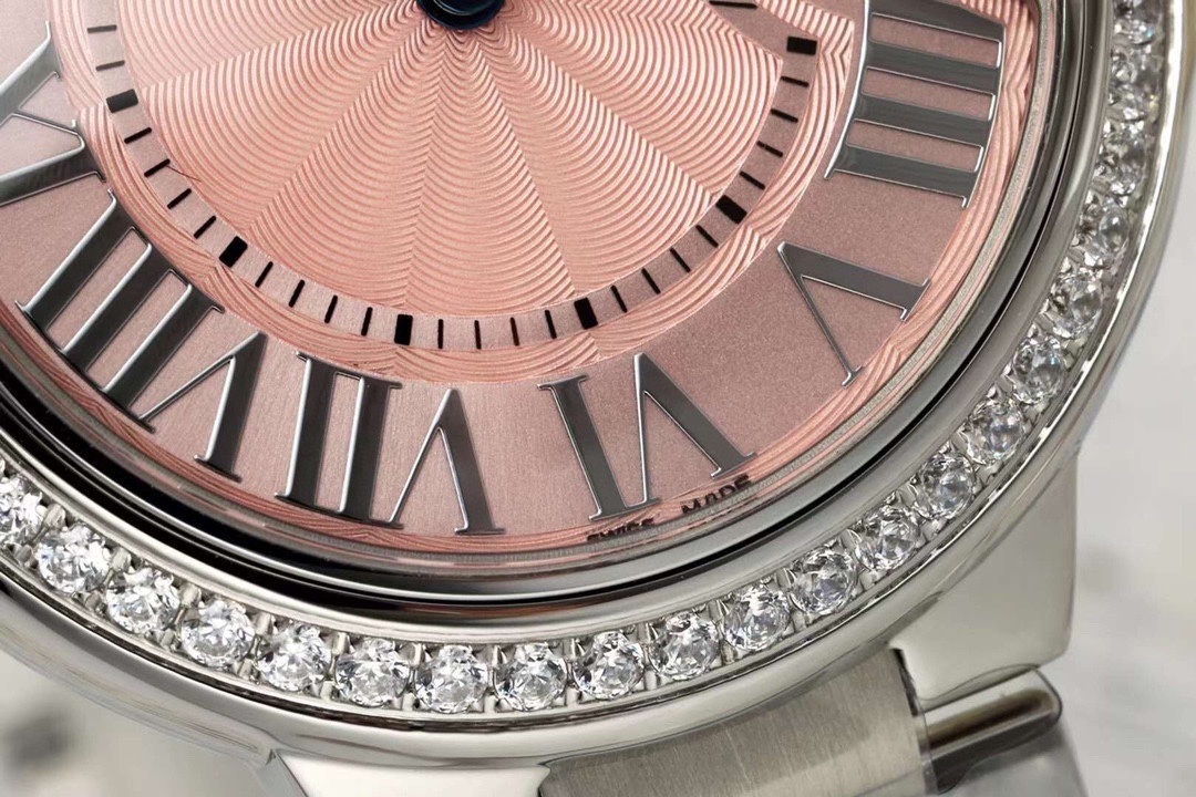 CARTIER BALLON BLEU 33MM PINK DIAL STEEL AUTO DIAMOND ENCRUSTED WATCH WSBB0046