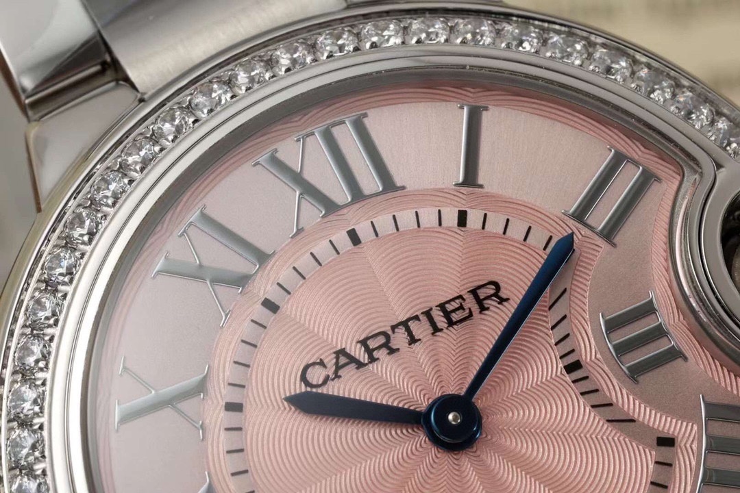 CARTIER BALLON BLEU 33MM PINK DIAL STEEL AUTO DIAMOND ENCRUSTED WATCH WSBB0046