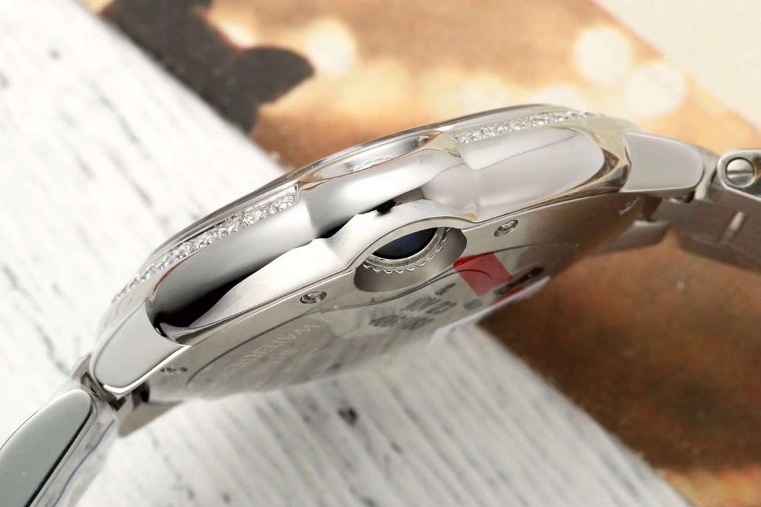 CARTIER BALLON BLEU 33MM PINK DIAL STEEL AUTO DIAMOND ENCRUSTED WATCH WSBB0046