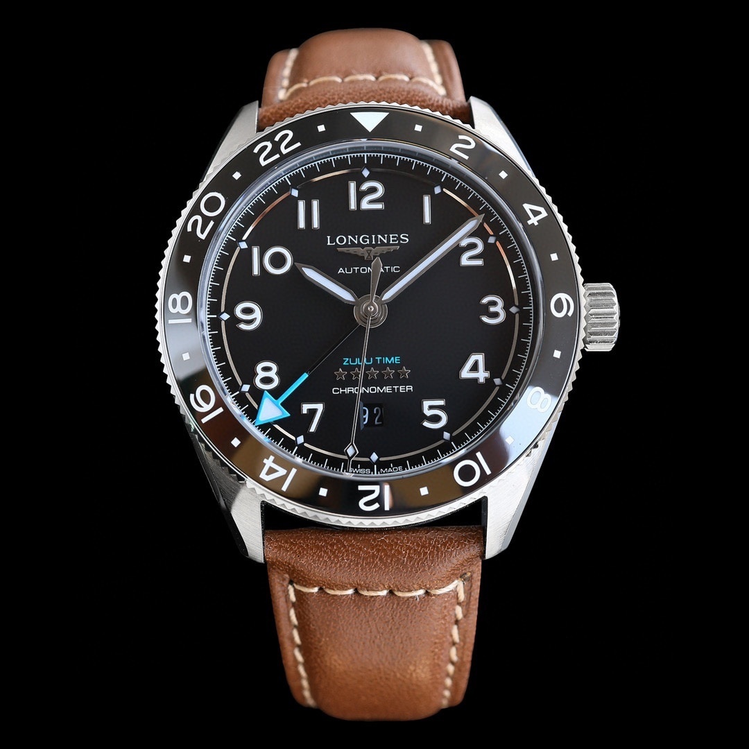 Longines SPIRIT ZULU TIME GMT 39 MM brown leather strap