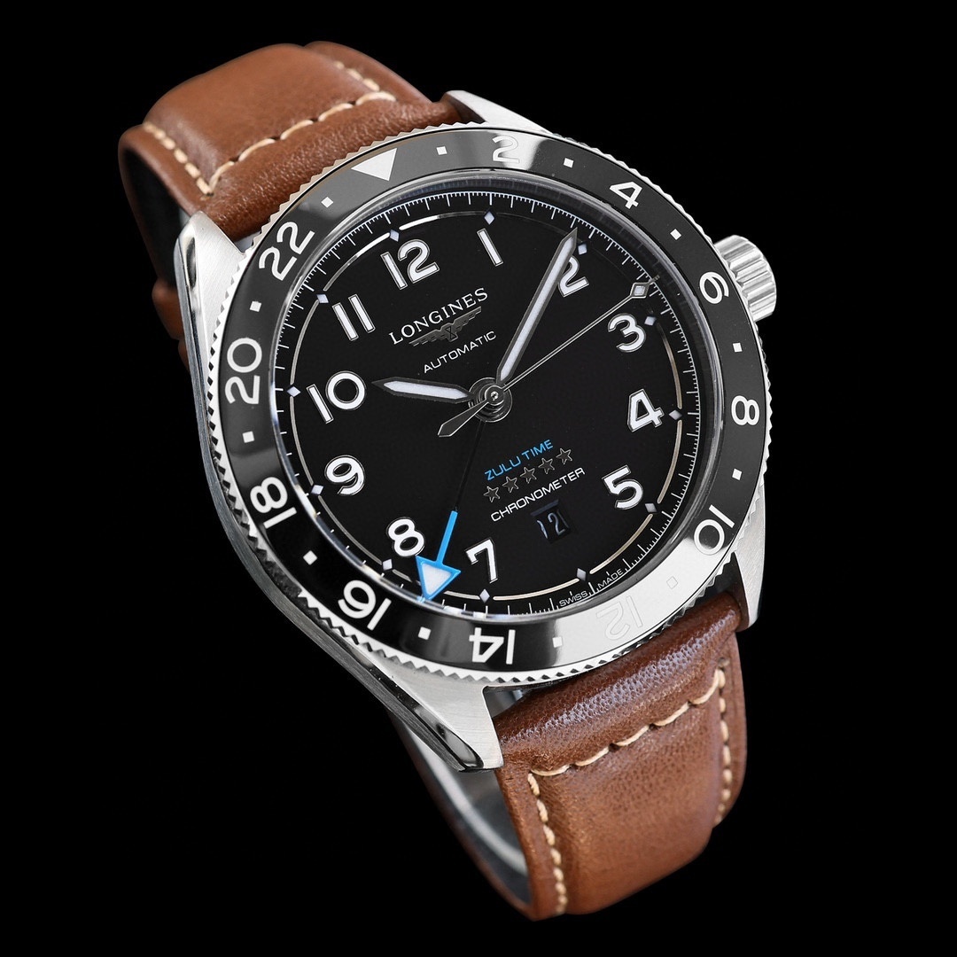 Longines SPIRIT ZULU TIME GMT 39 MM brown leather strap