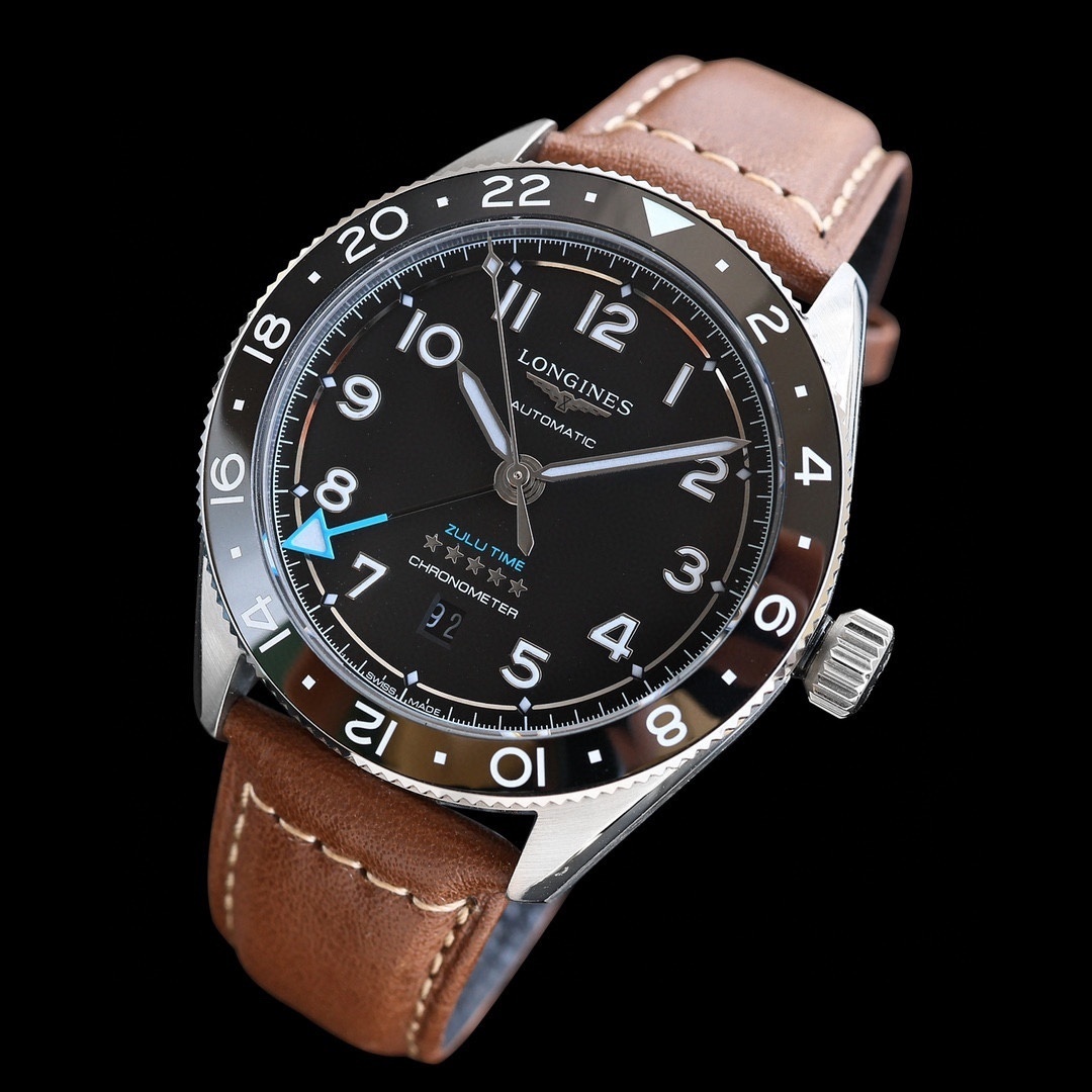Longines SPIRIT ZULU TIME GMT 39 MM brown leather strap