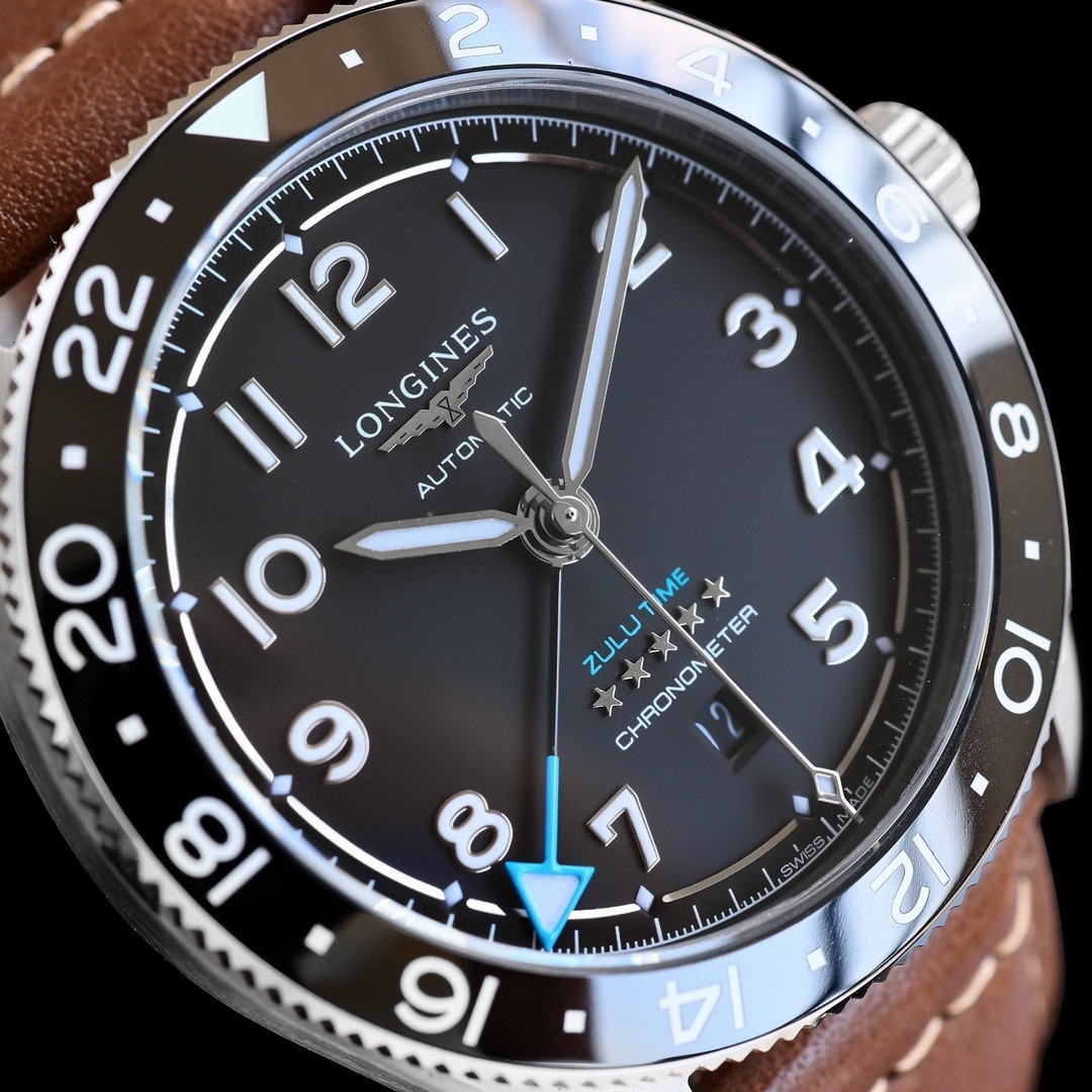 Longines SPIRIT ZULU TIME GMT 39 MM brown leather strap