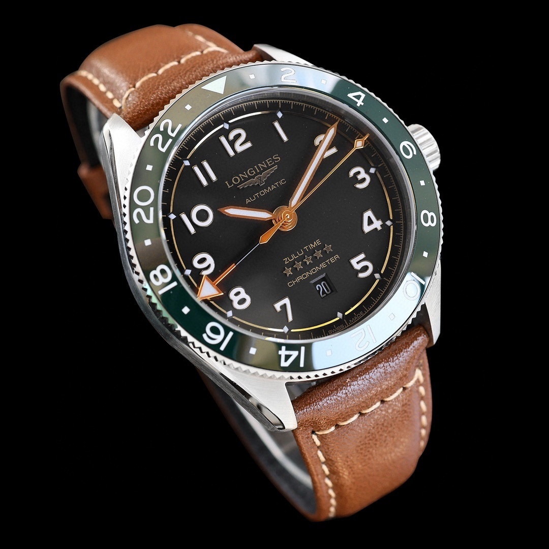Longines LONGINES SPIRIT ZULU TIME Automatic, Stainless Steel And dark blue dial brown leather strap