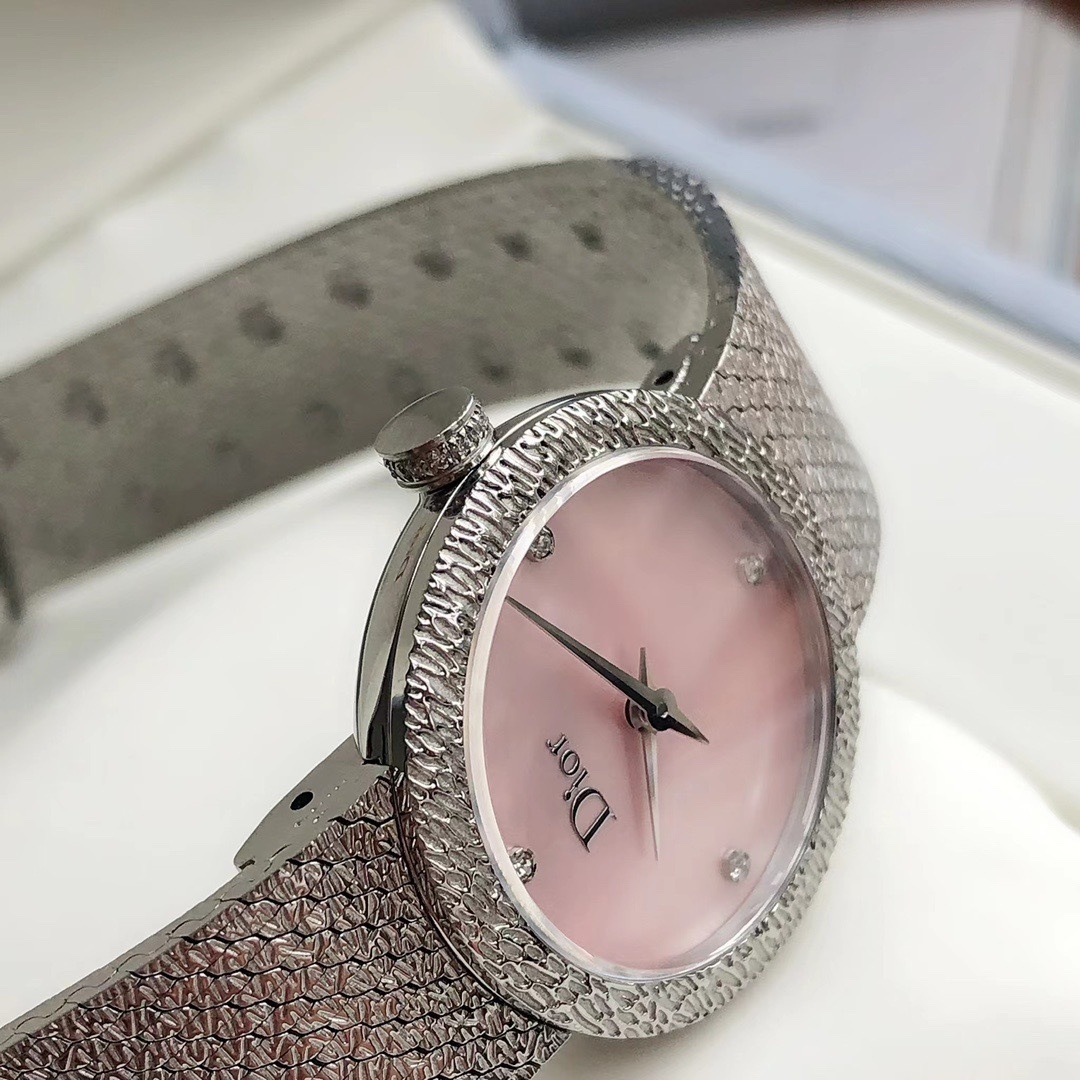Dior La D de Dior Satine Steel Mesh Pink Dial Diamonds Womens Watch CD043115M002