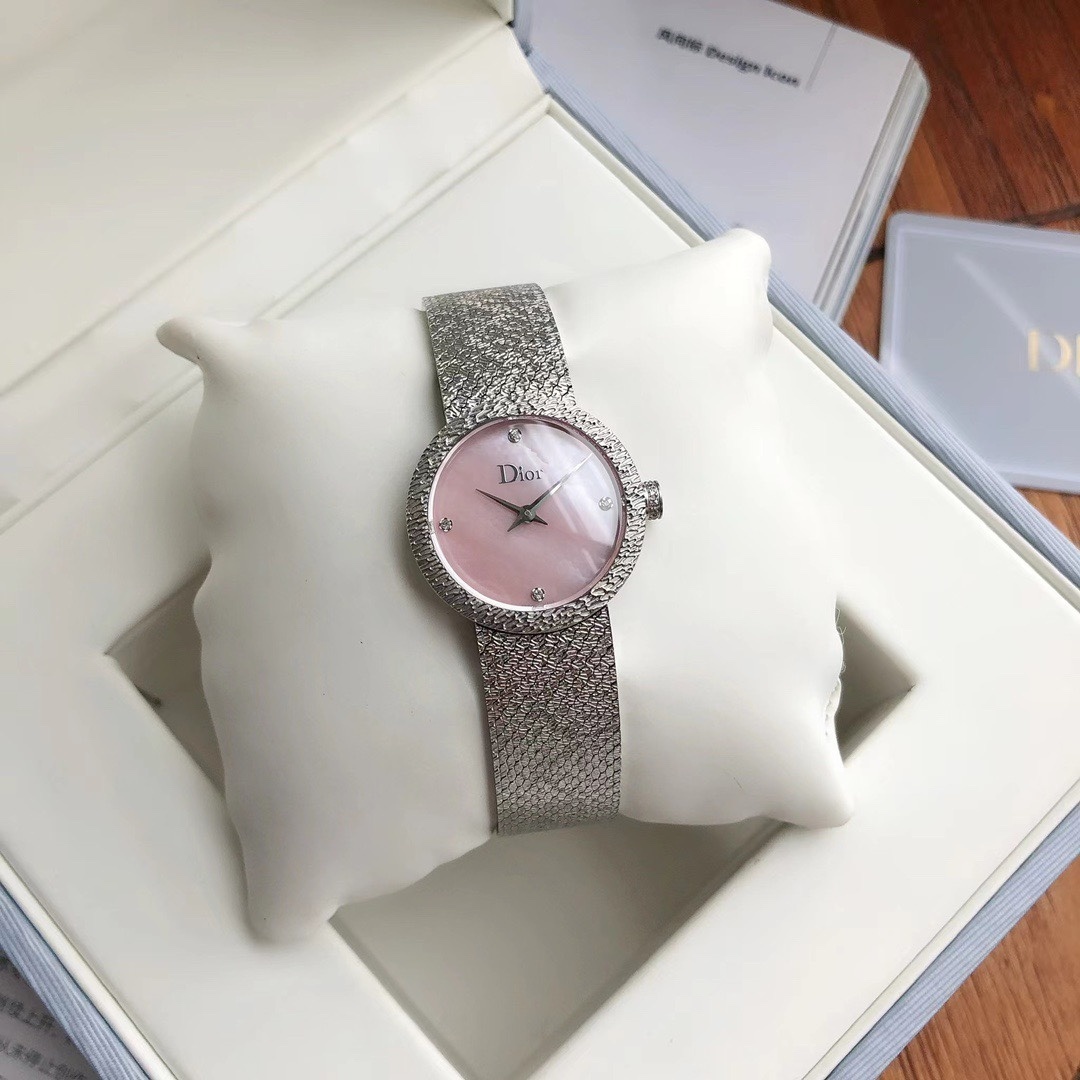 Dior La D de Dior Satine Steel Mesh Pink Dial Diamonds Womens Watch CD043115M002