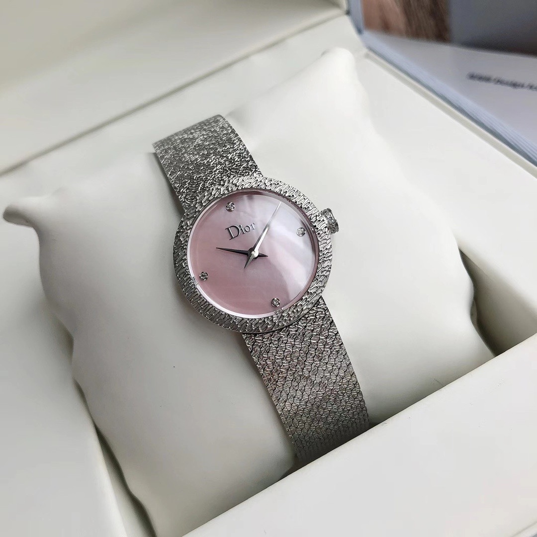 Dior La D de Dior Satine Steel Mesh Pink Dial Diamonds Womens Watch CD043115M002